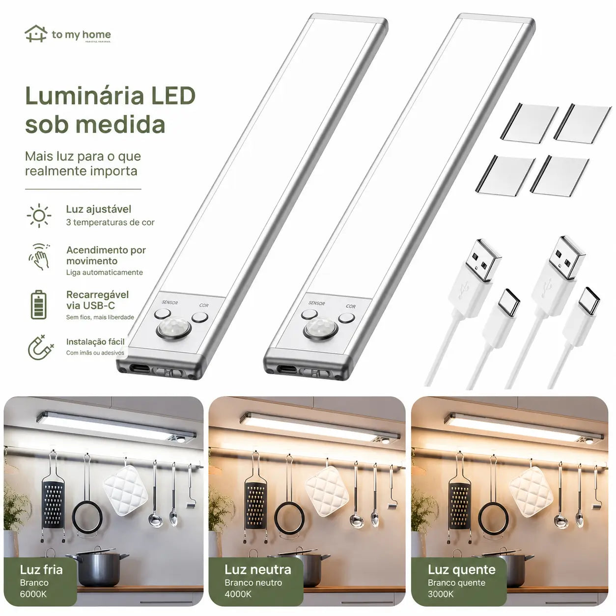 Luminária LED recarregável USB-C com sensor de presença, instalação magnética e brilho ajustável para armários, cozinha e corredor
