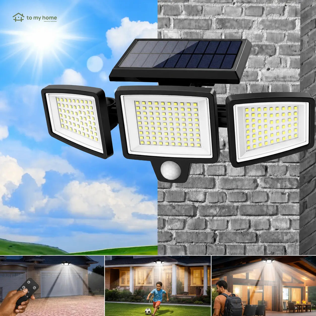 Refletor solar externo 2500LM com 3 cabeças, sensor de movimento e controle remoto para iluminação de segurança no quintal e garagem