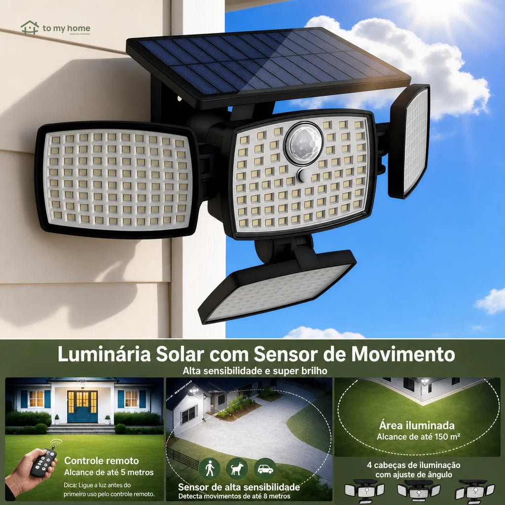 Luminária solar de parede 4500LM com sensor de movimento, controle remoto e 4 cabeças para quintal, jardim e áreas externas seguras