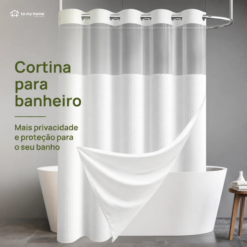 Cortina de banheiro sem ganchos com textura waffle, forro removível impermeável e janela telada para box moderno