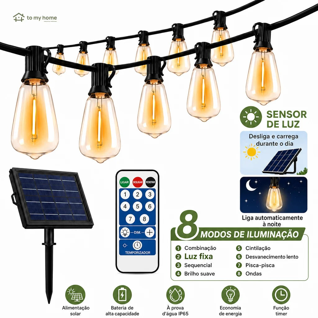 Cordão de luzes solares LED com sensor crepuscular e 8 modos para varanda, jardim e área externa