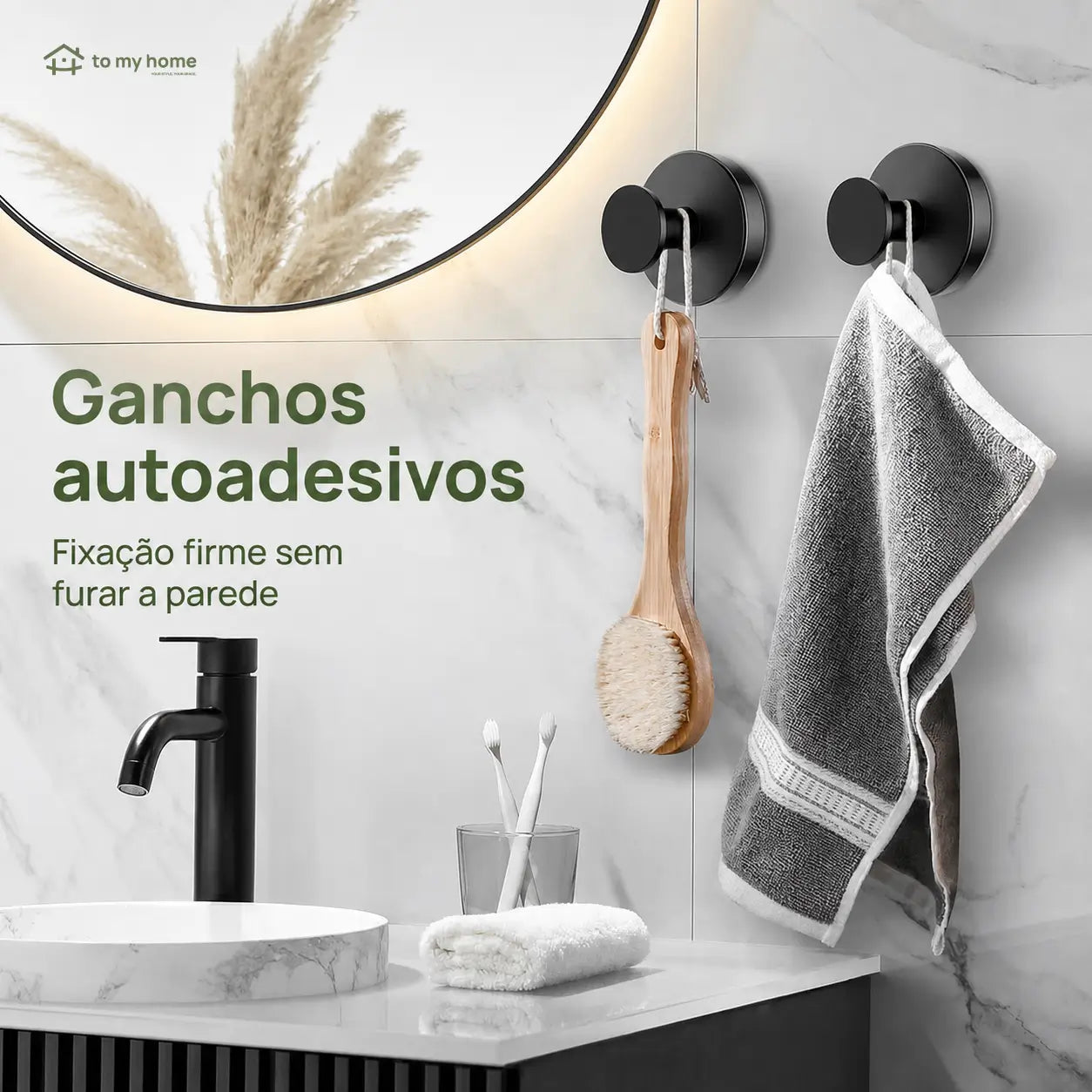 Kit com 2 ganchos de ventosa sem furar, acabamento preto fosco para organizar toalhas e acessórios no banheiro e cozinha com praticidade