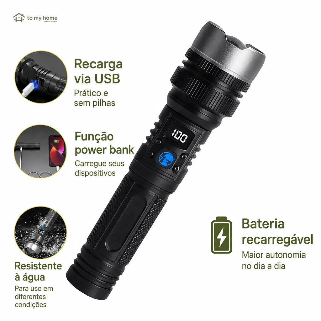 Lanterna LED recarregável 2200 lúmens com power bank, zoom ajustável, visor digital e resistência à água para camping, apagões e emergências