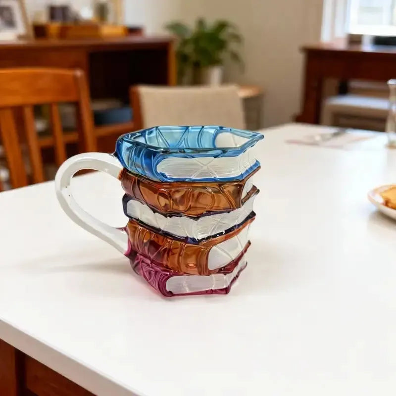 Caneca cerâmica 3D com livros empilhados, design criativo artístico, acabamento delicado, presente leitores decoração funcional ideal casa escritório amantes leitura