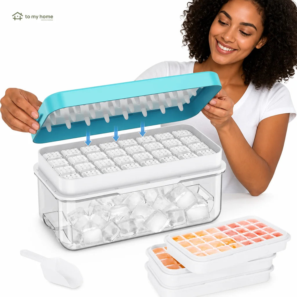 Forma de gelo empilhável com tampa, reservatório e pá para o freezer