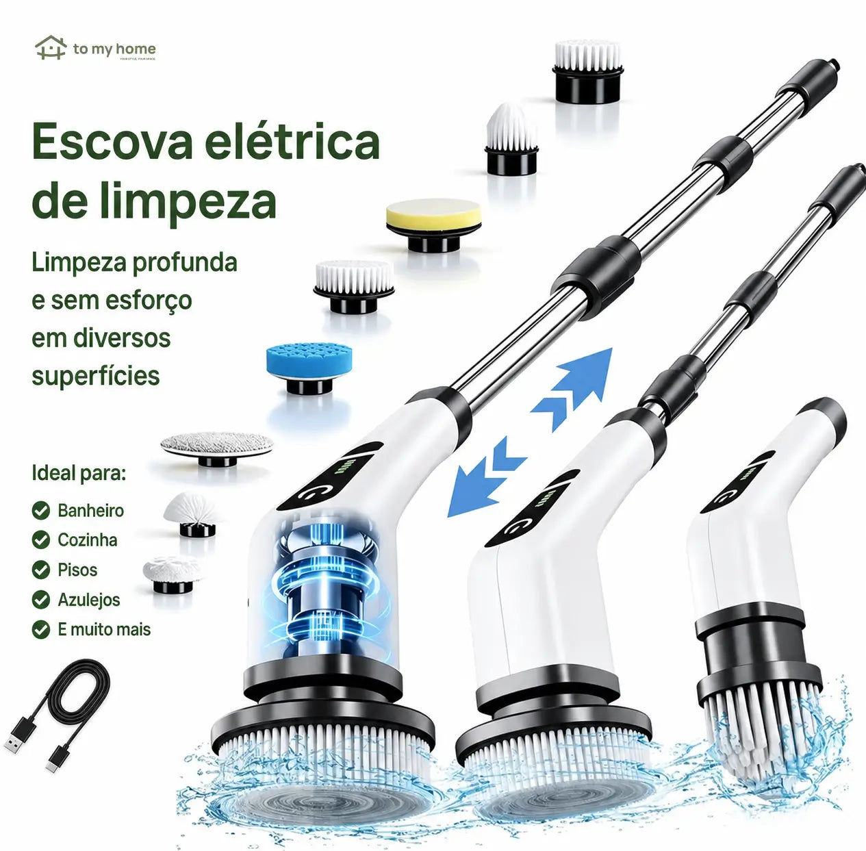 Escova elétrica de limpeza sem fio IPX7 com cabo extensível e 9 cabeças para banheiro, cozinha, pisos e rejuntes do dia a dia