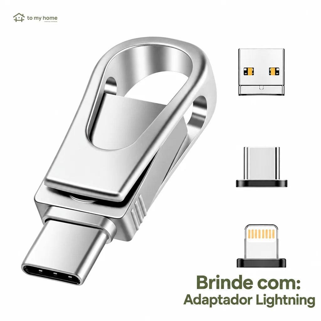 Pendrive 3 em 1 USB e Type-C com adaptador Lightning