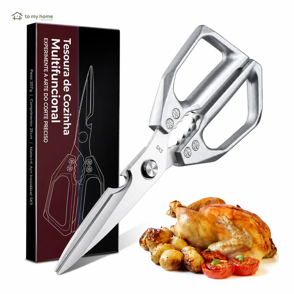 Tesoura de cozinha multiuso em aço inox SK5, desmontável e ergonômica para carnes, aves, peixes e legumes no preparo diário pesado