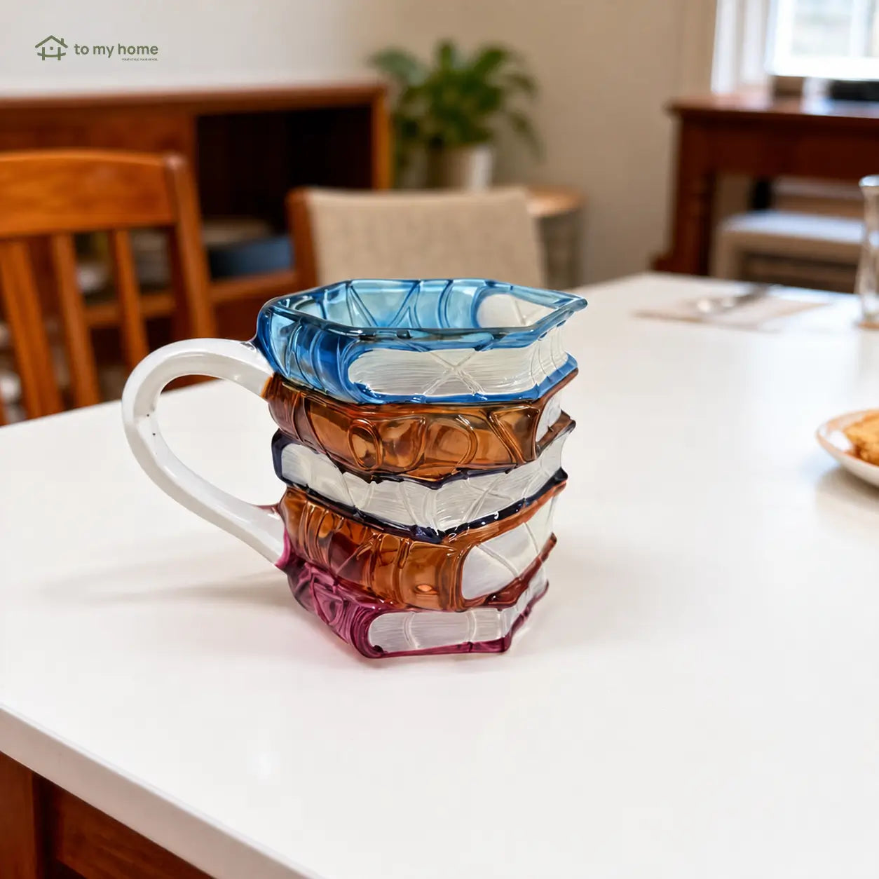 Caneca de cerâmica em formato de livros empilhados com arte 3D colorida para café, leitura e presente criativo para amantes de literatura
