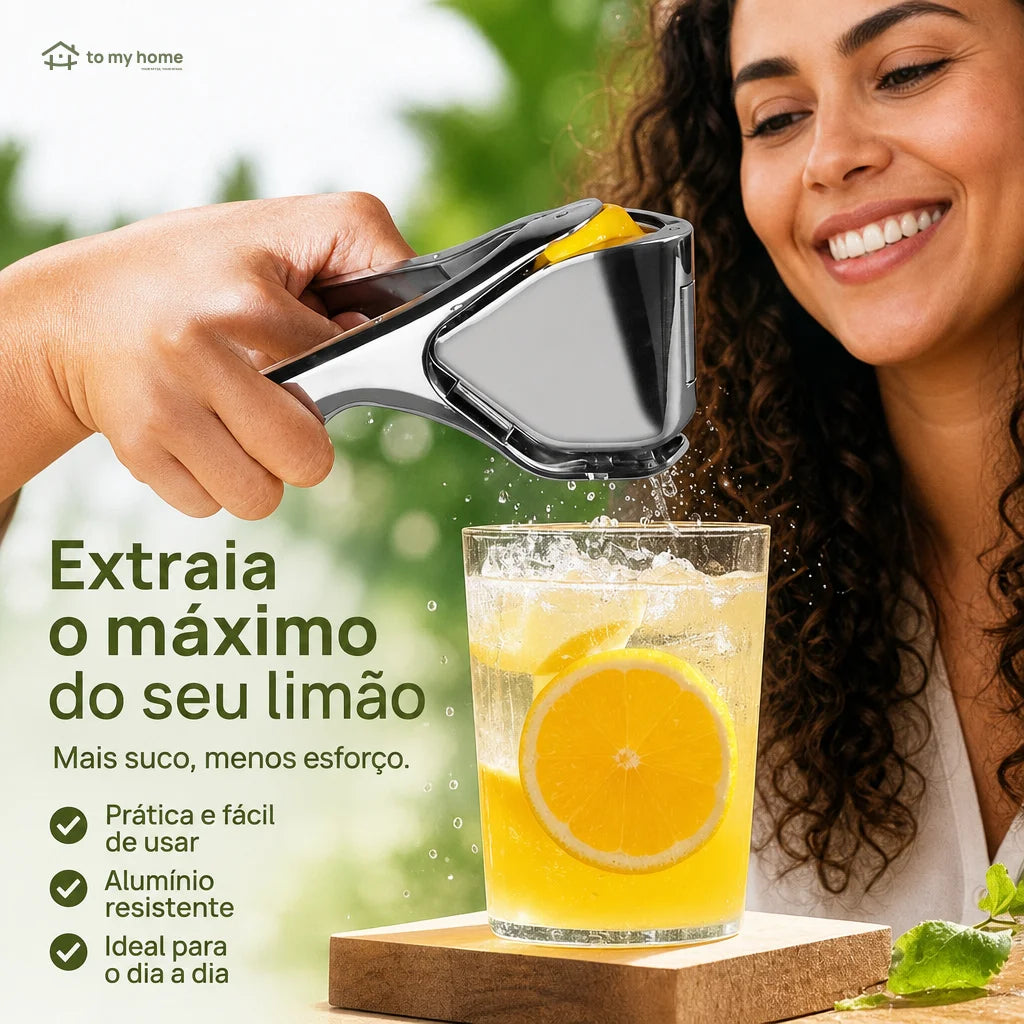 Espremedor manual de limão em aço inox com bico direcionador e pegada ergonômica para sucos, drinks e temperos na cozinha diária