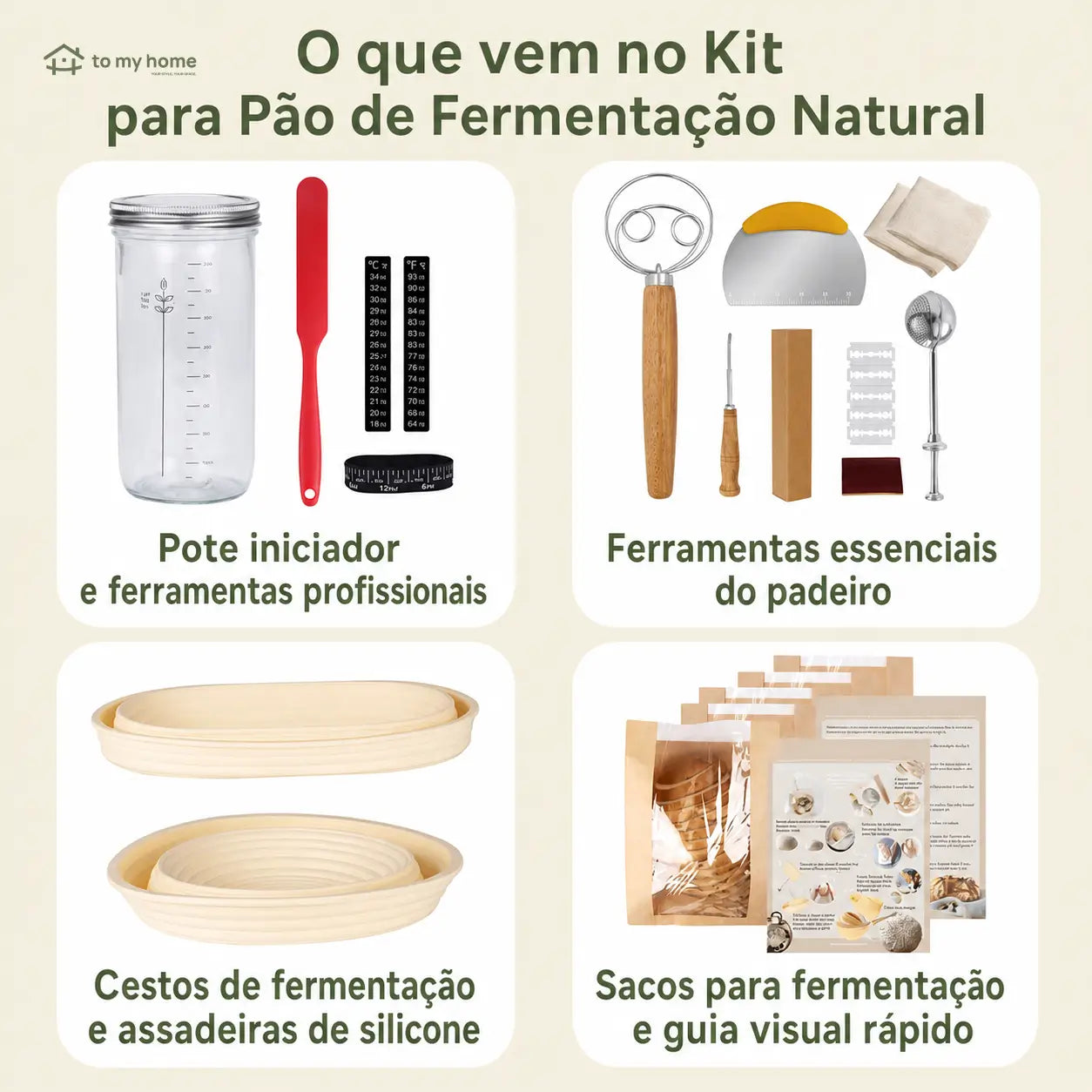 Kit completo para pão de fermentação natural com pote de vidro 1 L, cestos de silicone e acessórios para iniciantes