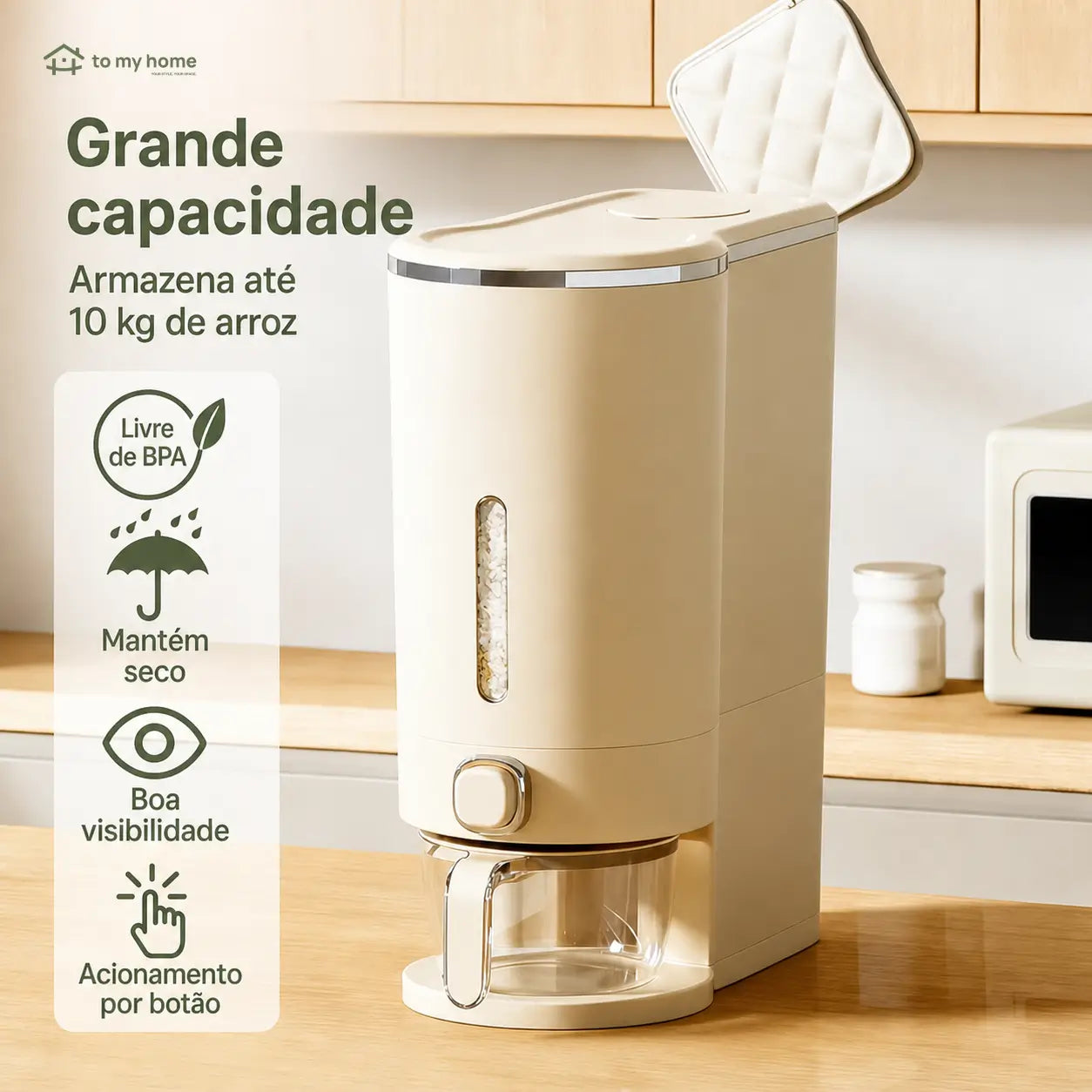Dispenser hermético para arroz 10 kg com copo medidor, proteção contra insetos para grãos, cereais e ração na cozinha e despensa