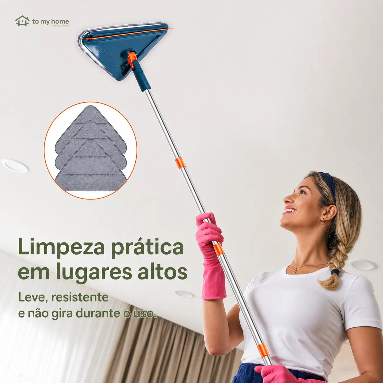 Mop triangular com cabo longo ajustável e rodízio 360° para limpar paredes, ventiladores, vidros, pisos e cantos difíceis