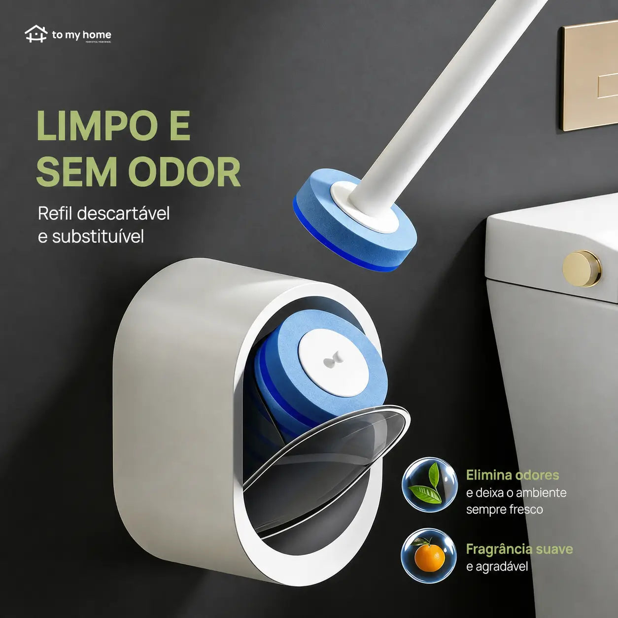 Escova sanitária com refis descartáveis autolimpantes e solução de limpeza para banheiro sem sujeira e sem pré-enxágue no dia a dia prático