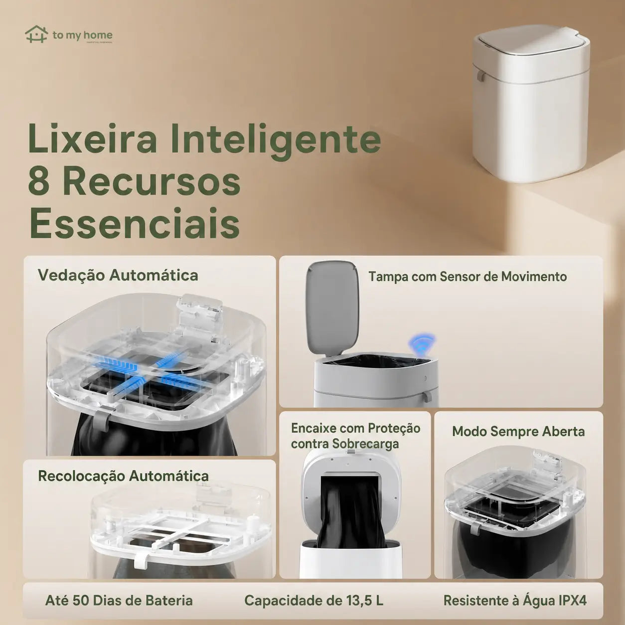 Lixeira automática 13,5 L com sensor infravermelho, vedação térmica e troca de saco para banheiro, cozinha e quarto, uso higiênico diário