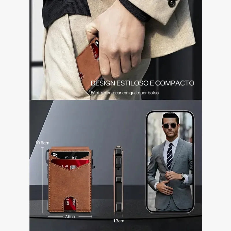 Carteira masculina slim minimalista em alumínio com bloqueio RFID, visor, clip para notas, sistema pop-up, design compacto, segura, elegante e prática