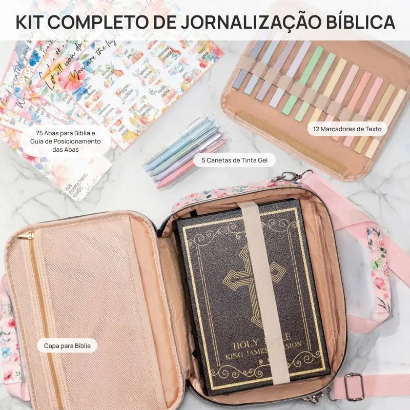 Capa grande feminina para Bíblia com alça de ombro, organizadores internos, abas, marcadores e espaço para estudo bíblico portátil