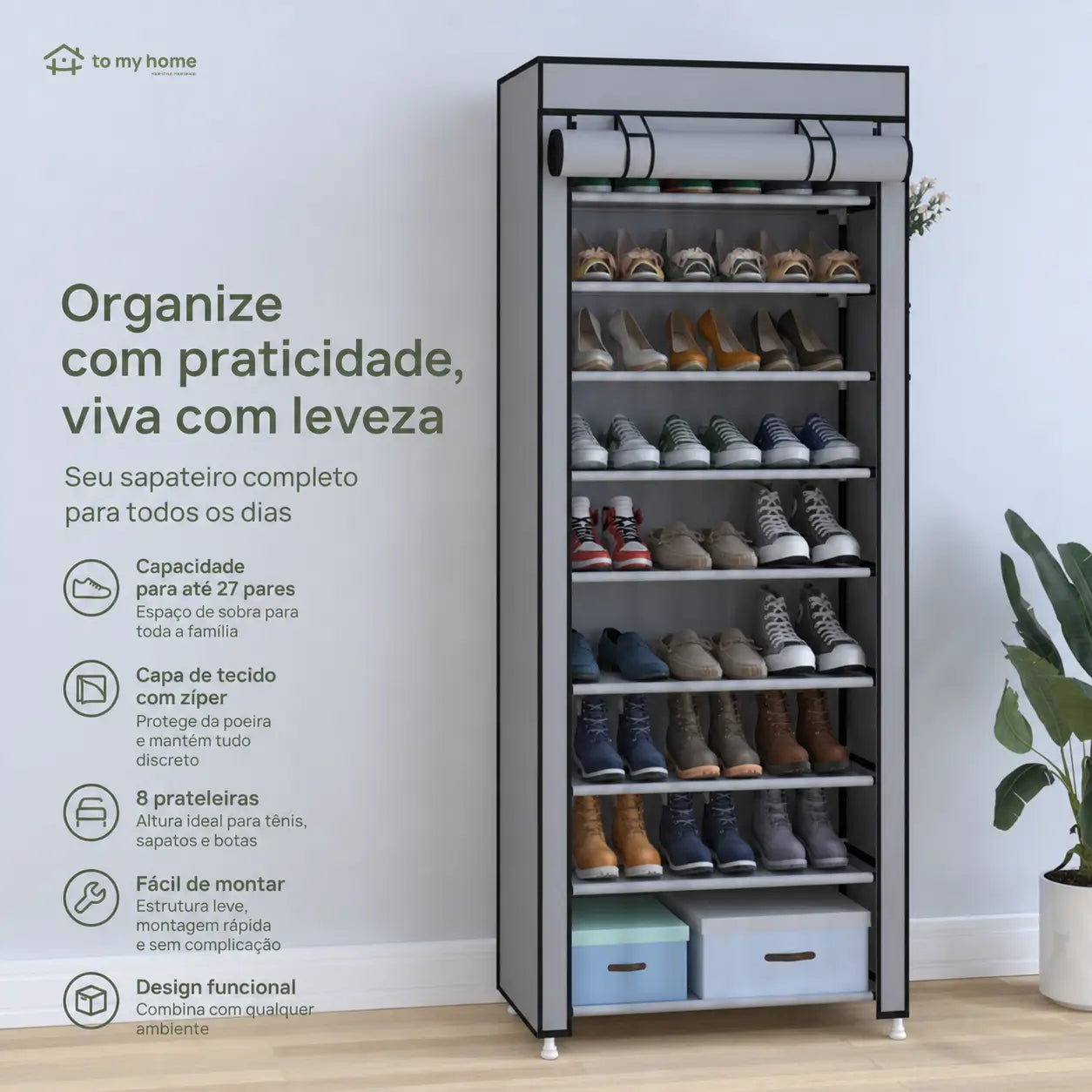 Sapateira vertical de 10 níveis com capa antipoeira e estrutura ajustável para organizar até 27 pares em espaços pequenos da casa