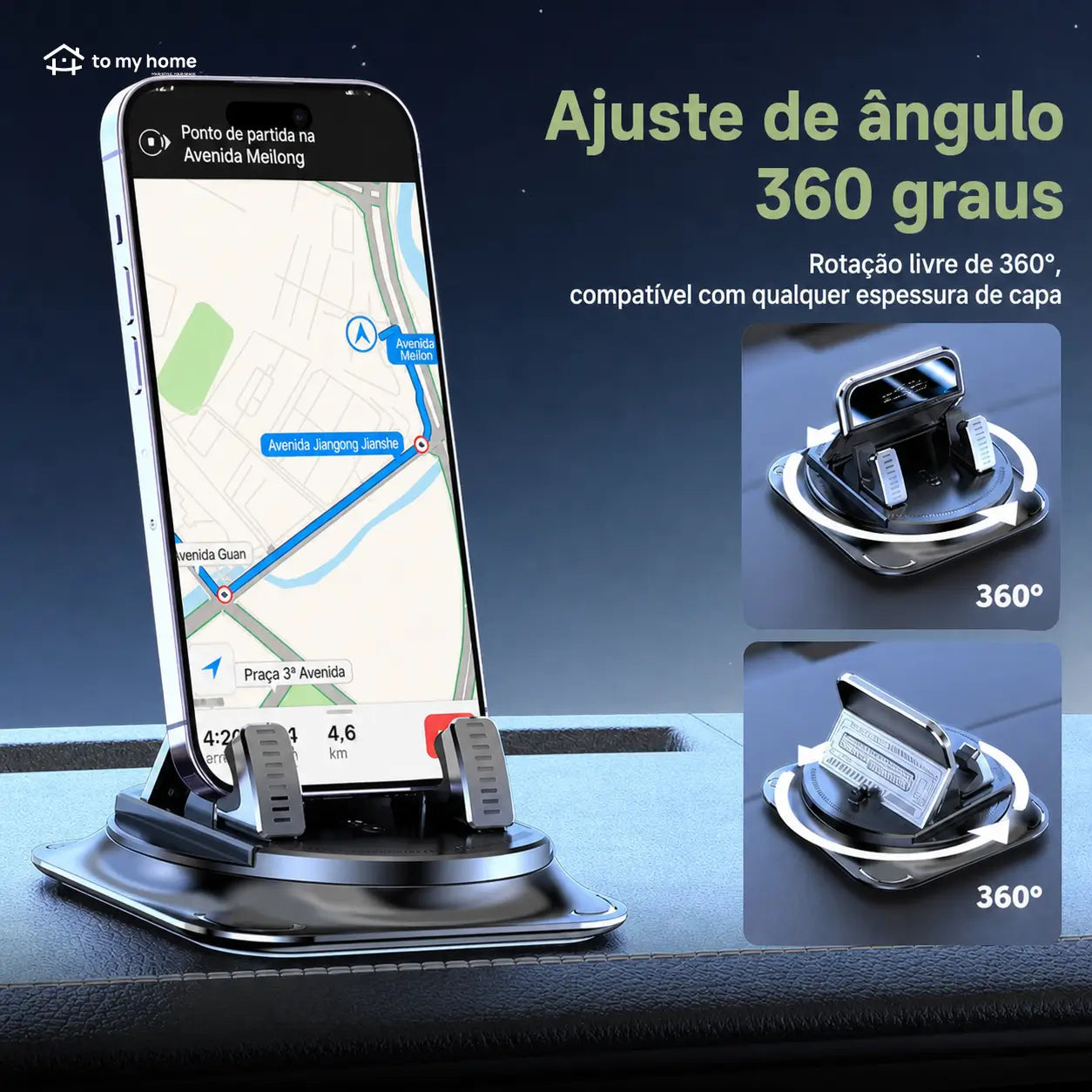 Suporte veicular para celular com rotação 360° e ventosa estável para navegação no painel, uso com uma mão em iPhone e Android