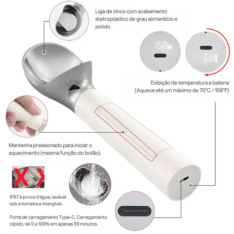 Colher elétrica aquecida para sorvete, recarregável em aço inoxidável, display LED, aquecimento rápido, segura sobremesas cremes uso fácil doméstico
