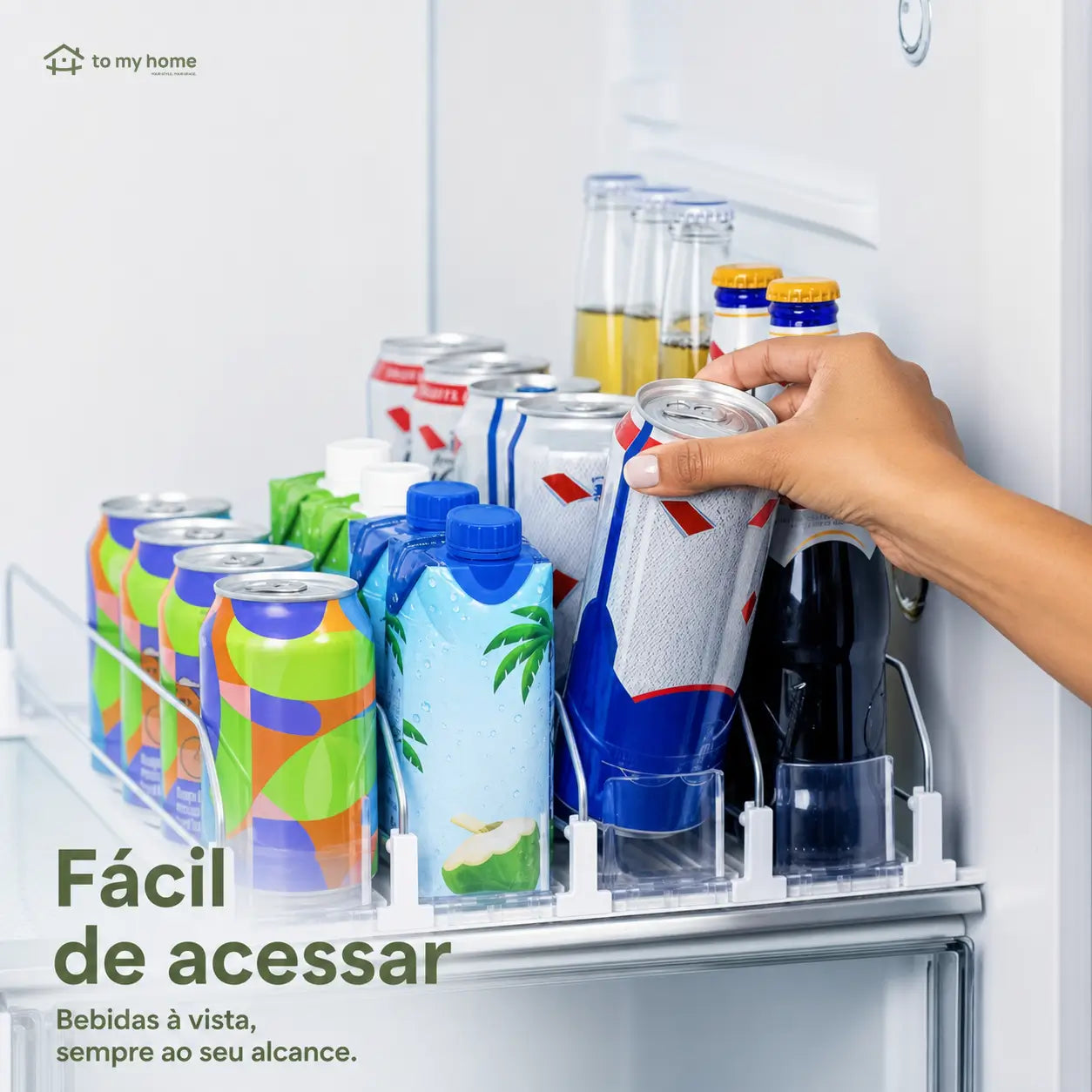 Dispenser de latas para geladeira em plástico reciclado com propulsão automática, organiza refrigerantes e libera espaço nas prateleiras da cozinha diariamente