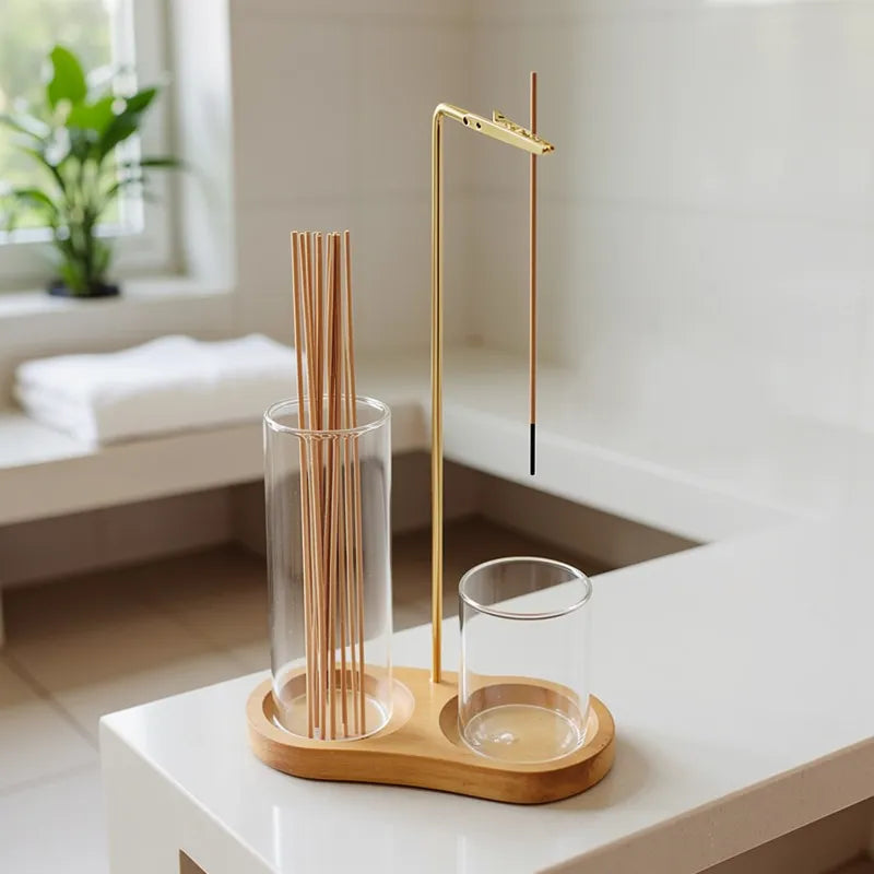 Porta incenso e vela 2 em 1 com base madeira, coletor cinzas vidro, difusor aromático decorativo elegante funcional para casa moderna aconchegante
