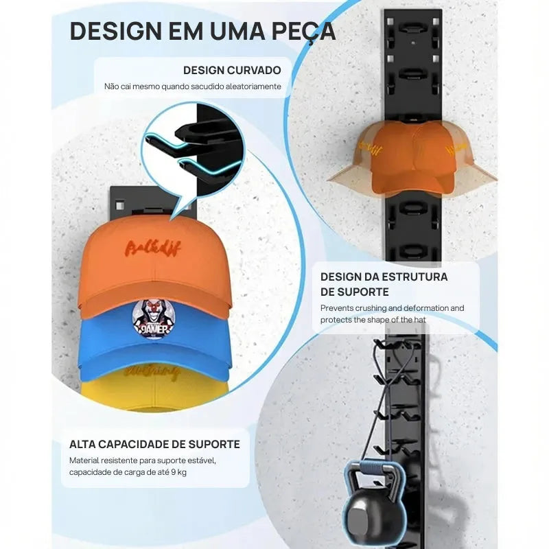 Kit 2 Organizadores de Boné de Parede com Suporte Adesivo para Porta, Closet, Exposição e Organização de até 18 Peças