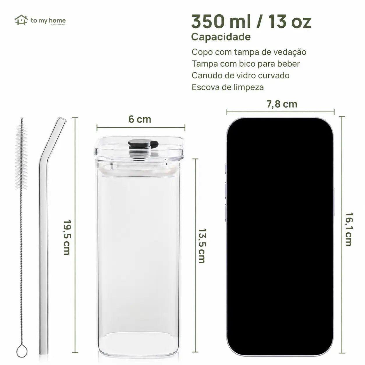 Conjunto com 4 copos de vidro 380 ml com tampa e canudo, design quadrado para café, sucos e drinks em casa ou no escritório