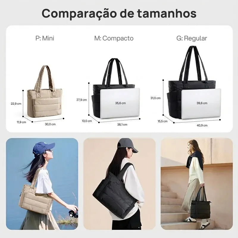 Bolsa Tote Puffy Acolchoada Feminina para Notebook, Trabalho e Viagem, Leve, Espaçosa, Resistente e com Múltiplos Compartimentos