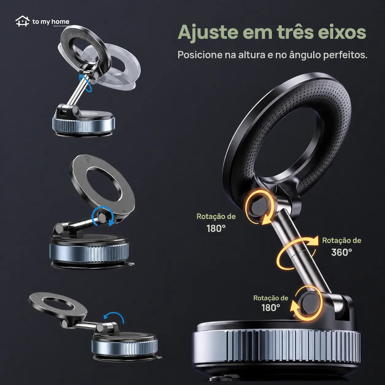Suporte magnético para celular com ventosa a vácuo, rotação 360° e uso dobrável no carro, espelho ou academia