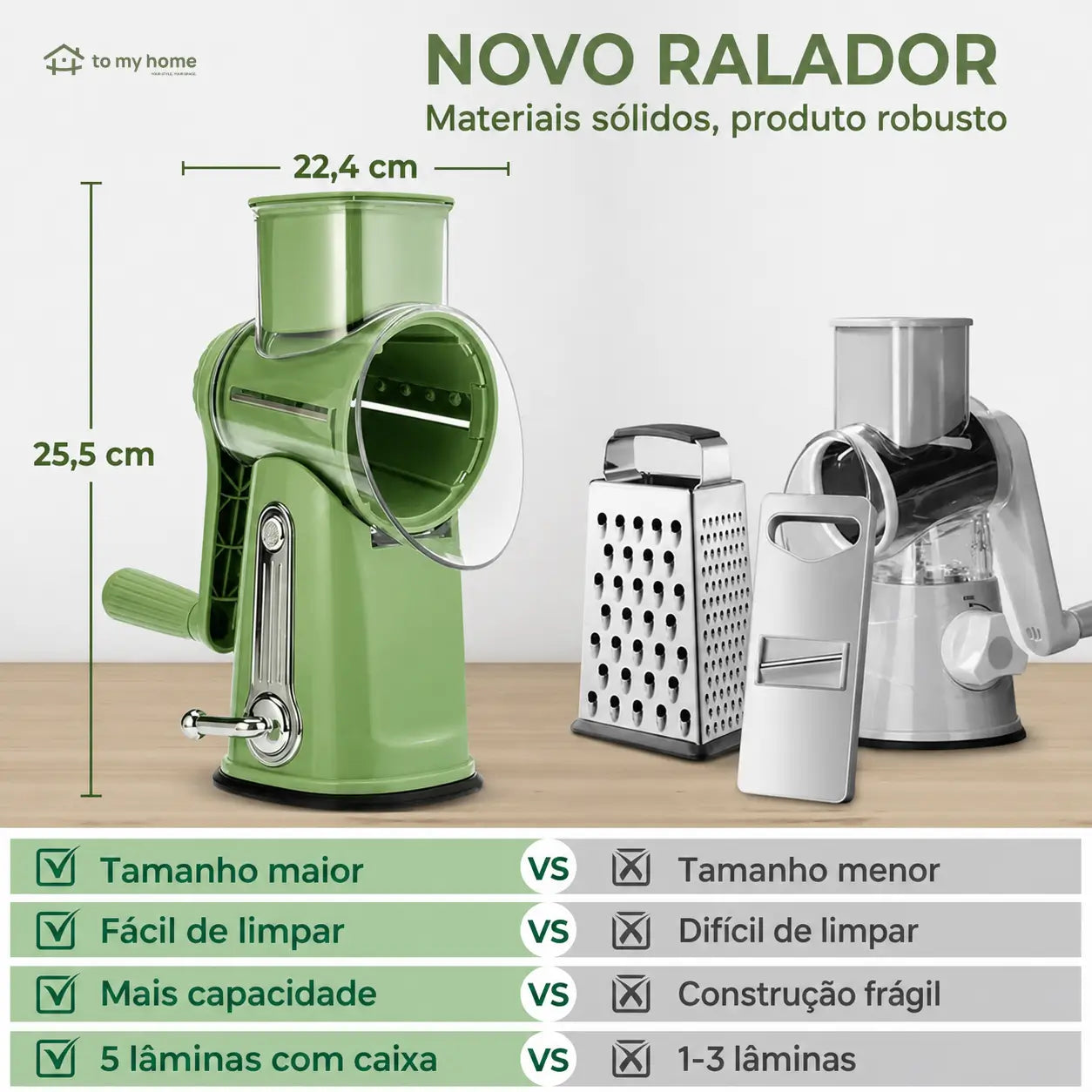 Ralador de queijo rotativo com 5 lâminas inox e base de sucção para fatiar legumes, frutas e chocolate com segurança na cozinha