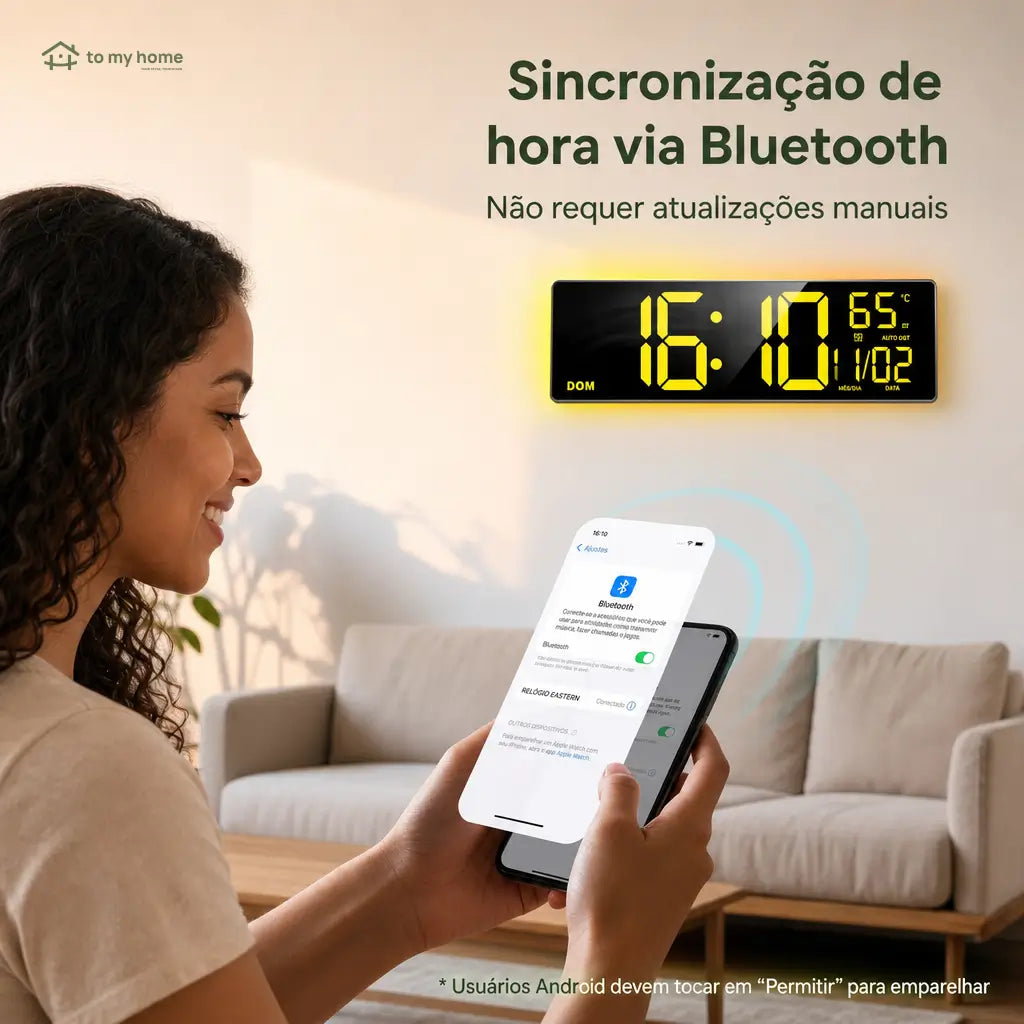 Relógio digital de parede grande com luz RGB, Bluetooth e alarmes duplos para sala, escritório, cozinha e setup gamer