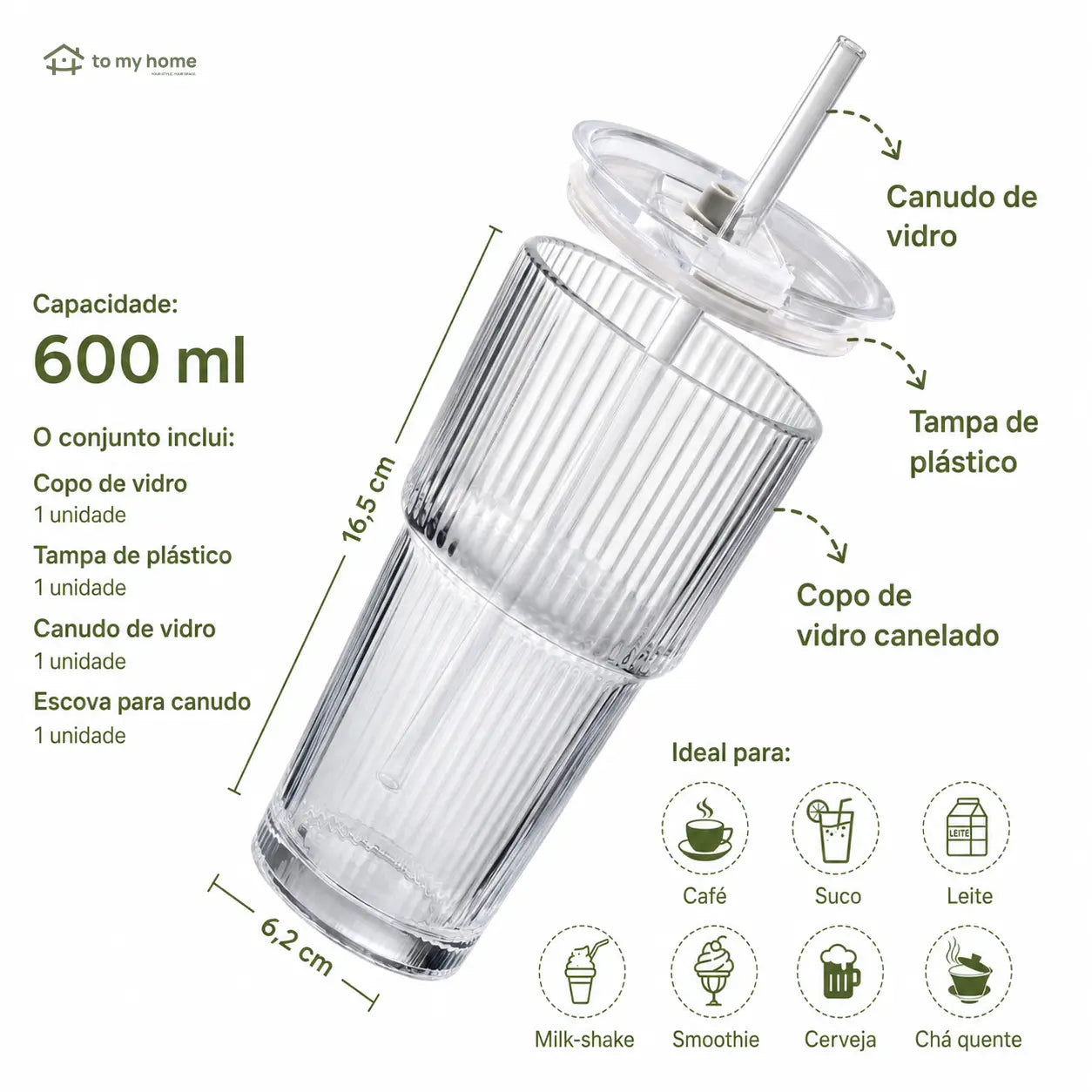 Copo tumbler de vidro canelado com tampa e canudo reutilizável, 562 ml, para café gelado, sucos e smoothies sem vazamentos