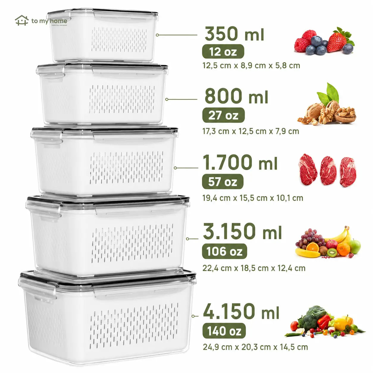 Kit com 5 potes organizadores de geladeira empilháveis, herméticos e livres de BPA, com escorredor para frutas, verduras, saladas e carnes