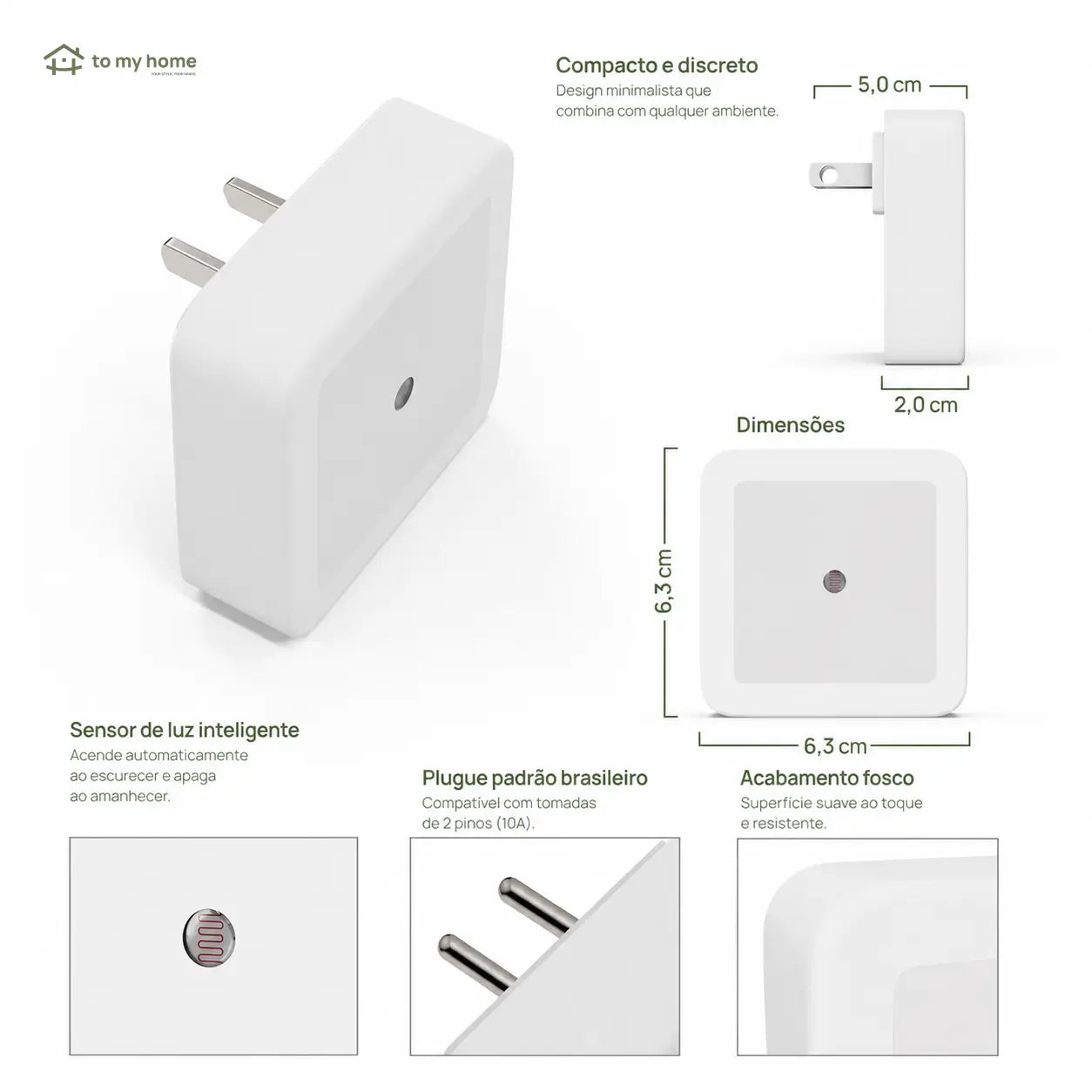 Luz noturna LED de tomada com sensor crepuscular, kit com 6 unidades para quarto, banheiro, corredor e cozinha, branco quente