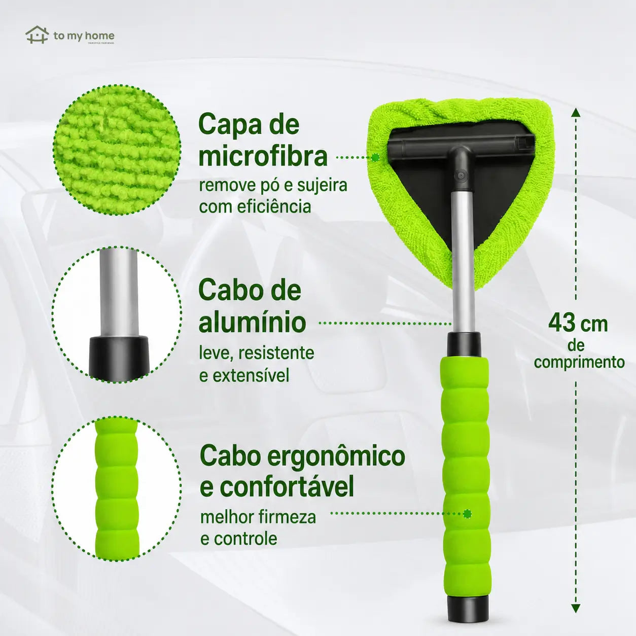 Rodo limpador de para-brisa em microfibra reutilizável com cabo de alumínio para carros, SUVs, caminhões e motorhomes, limpeza interna e externa
