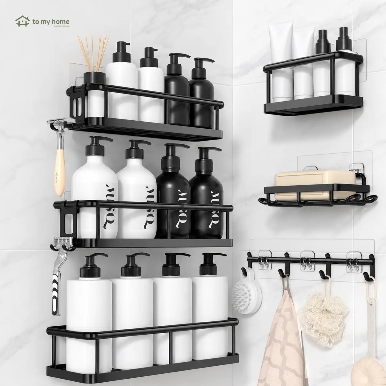 Kit organizador de box preto 5 peças sem furar, com prateleiras antiferrugem e ganchos removíveis para banheiro, cozinha e área de serviço