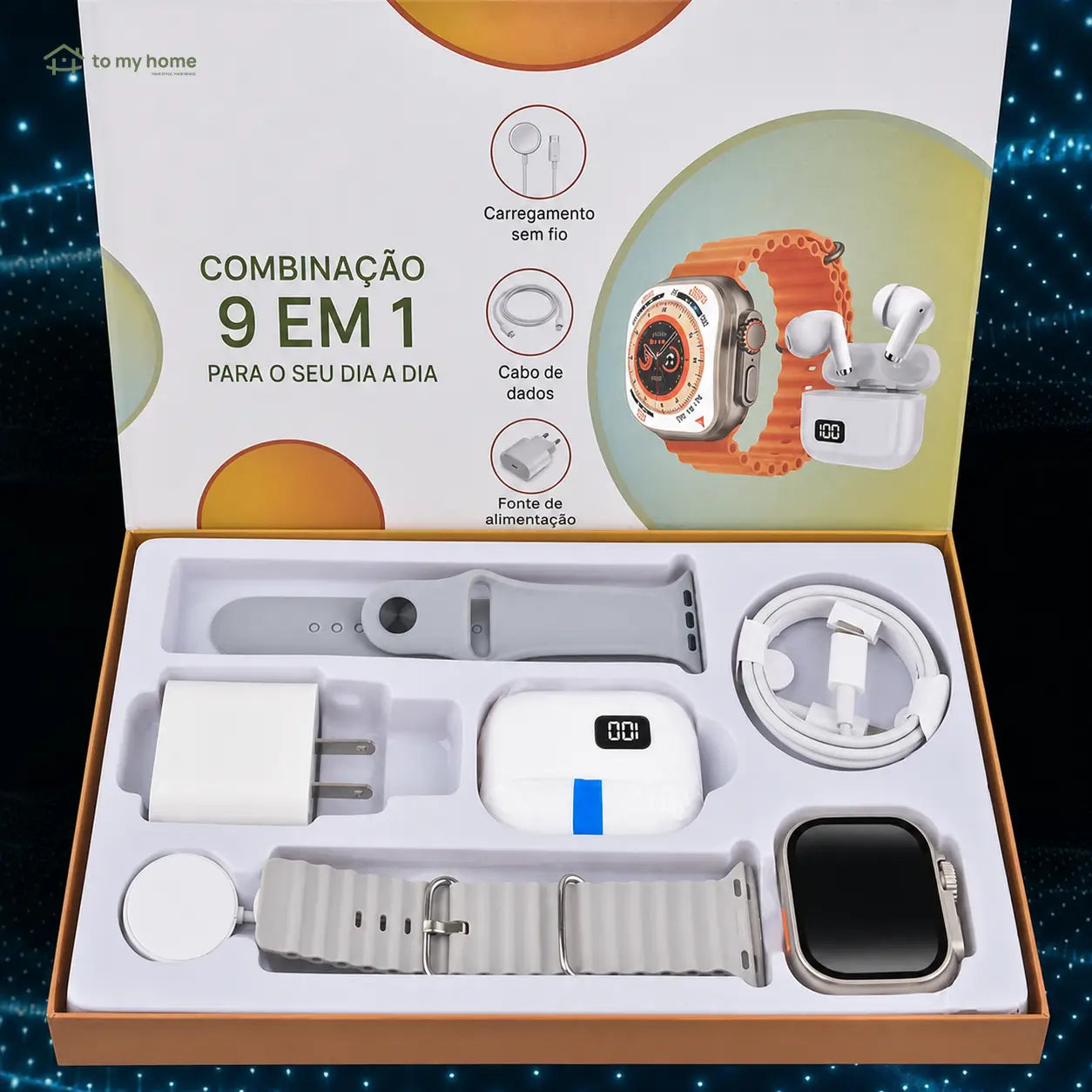 Kit smartwatch 6 em 1 com fone Bluetooth, carregador 20W e cabo Type-C para rotina conectada no trabalho, treino e viagens