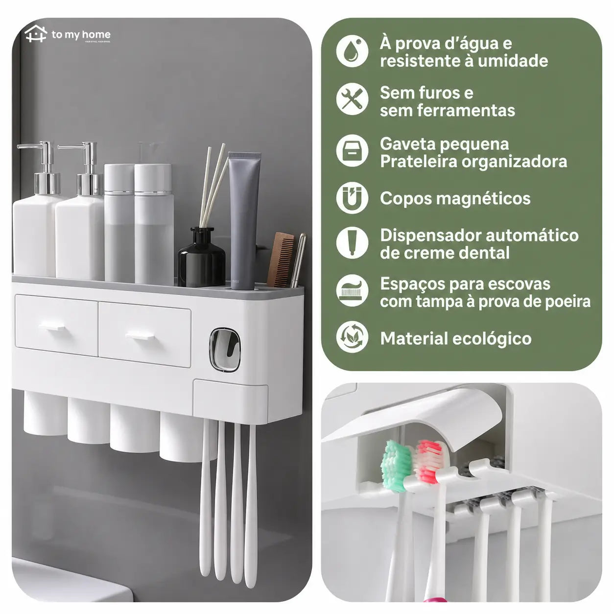 Organizador de escovas de parede com dispenser duplo de pasta, copos magnéticos e bandeja multiuso para banheiro familiar mais organizado prático