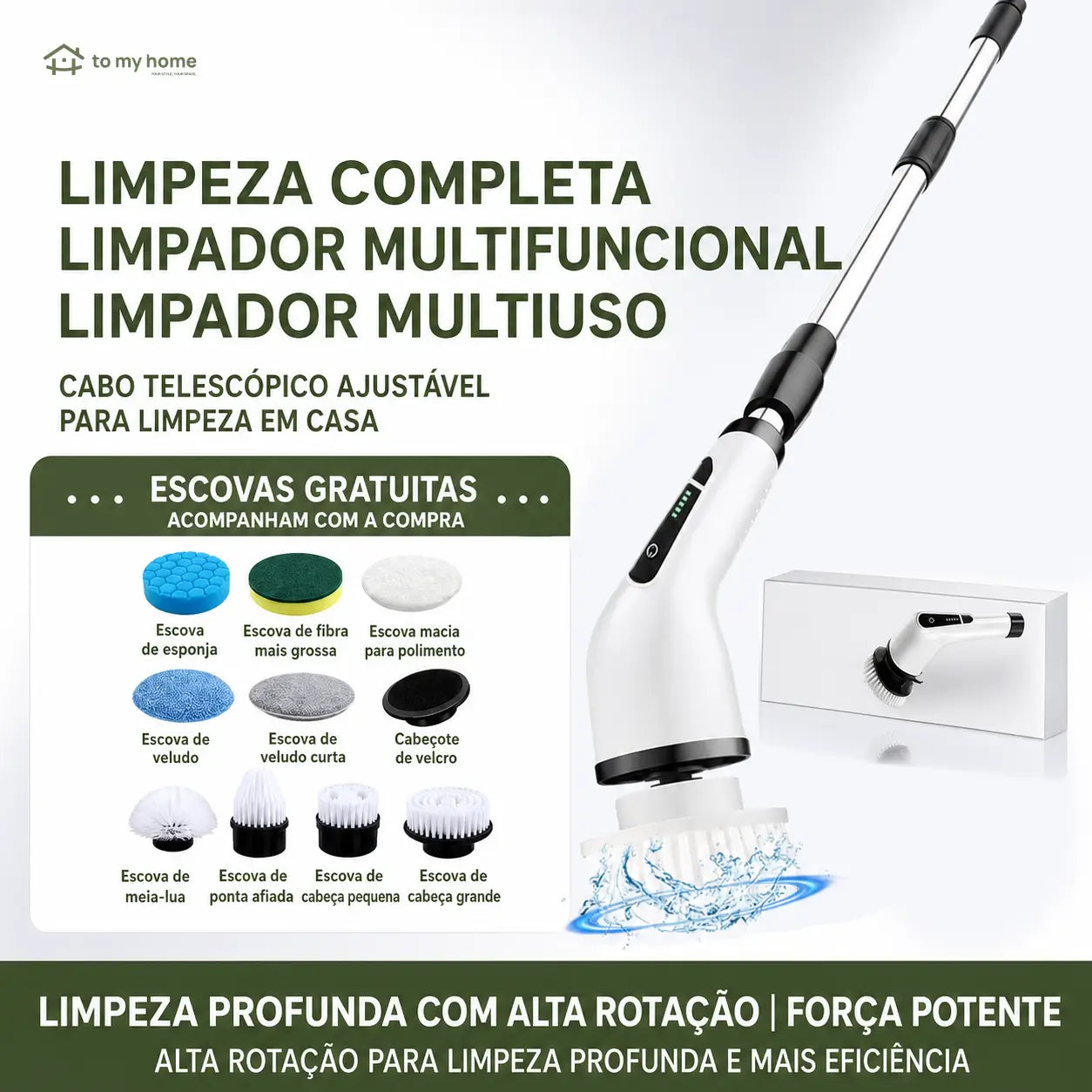 Escova elétrica de limpeza sem fio IPX7 com cabo extensível e 9 cabeças para banheiro, cozinha, pisos e rejuntes do dia a dia