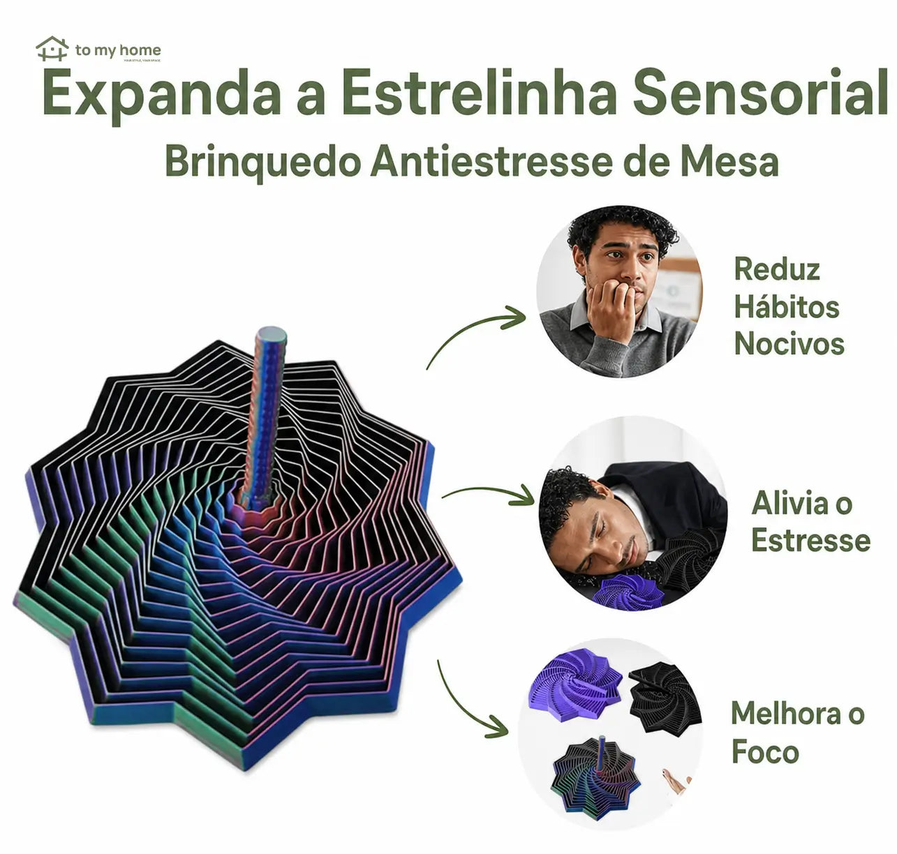 Brinquedo fidget estrela 3D com espiral hipnótica e cabo, experiência sensorial antistresse para usar no trabalho, nos estudos e em casa