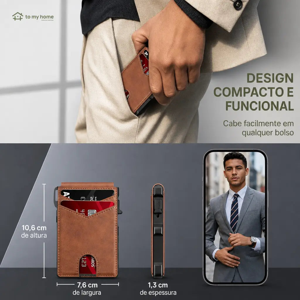 Carteira masculina slim com bloqueio RFID, porta-cartões pop-up e clipe de dinheiro para uso diário no bolso com janela para documento