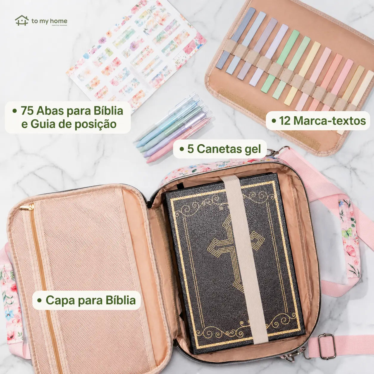 Capa bolsa para Bíblia com alça ajustável, bolsos organizadores e kit marca-textos para estudo, igreja e journaling cristão no dia a dia
