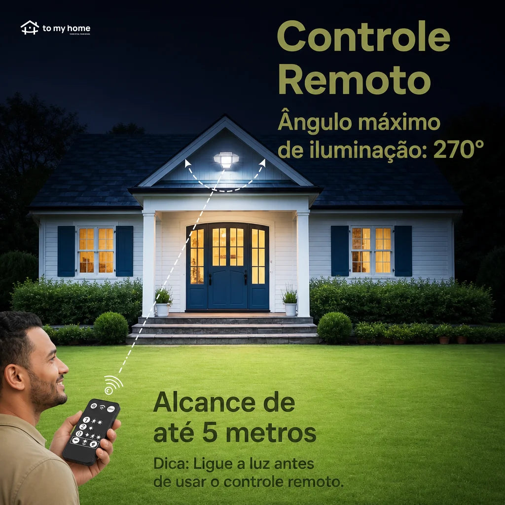 Luminária solar de parede 4500LM com sensor de movimento, controle remoto e 4 cabeças para quintal, jardim e áreas externas seguras