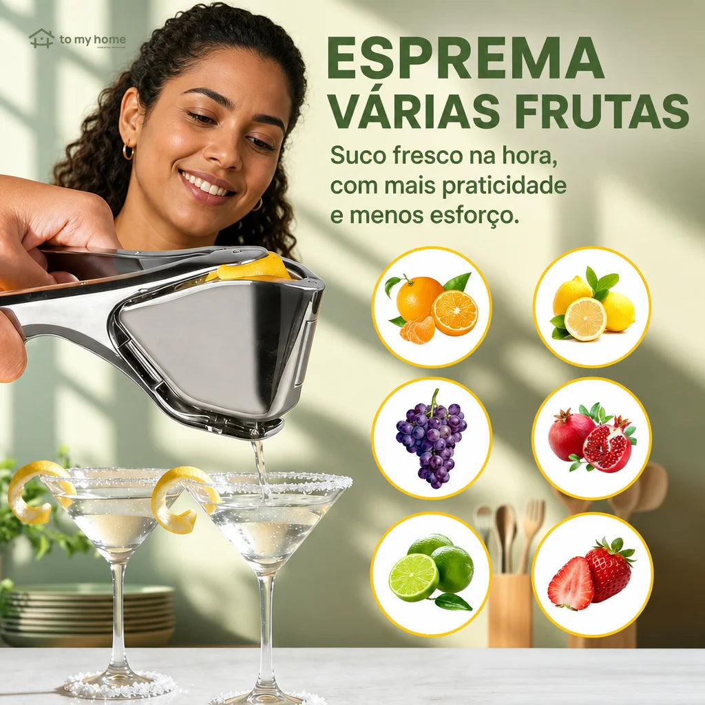Espremedor manual de limão em aço inox com bico direcionador e pegada ergonômica para sucos, drinks e temperos na cozinha diária