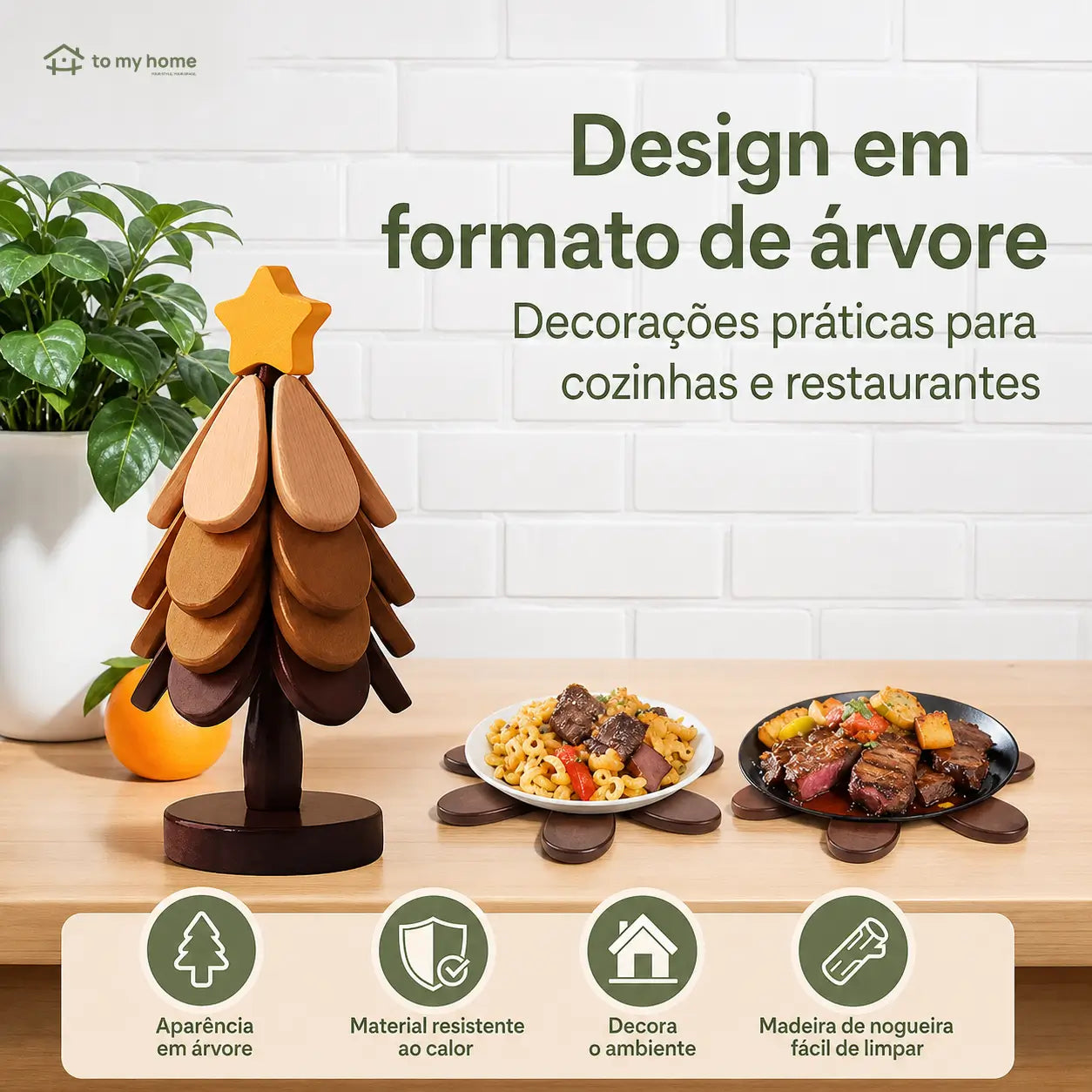 Descanso de panela em madeira maciça com suporte em árvore dobrável e resistente ao calor para pratos, bowls e xícaras quentes