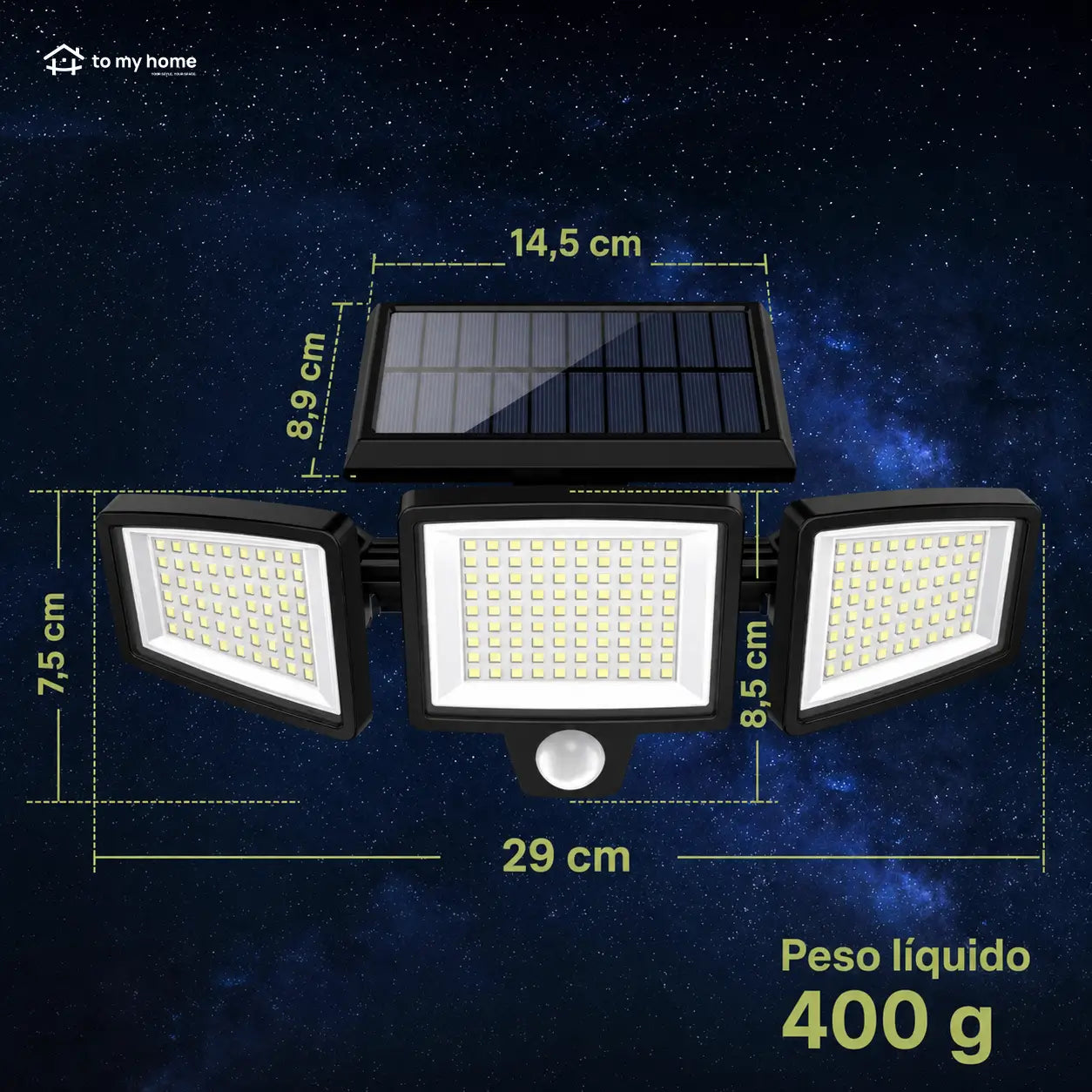 Refletor solar externo 2500LM com 3 cabeças, sensor de movimento e controle remoto para iluminação de segurança no quintal e garagem