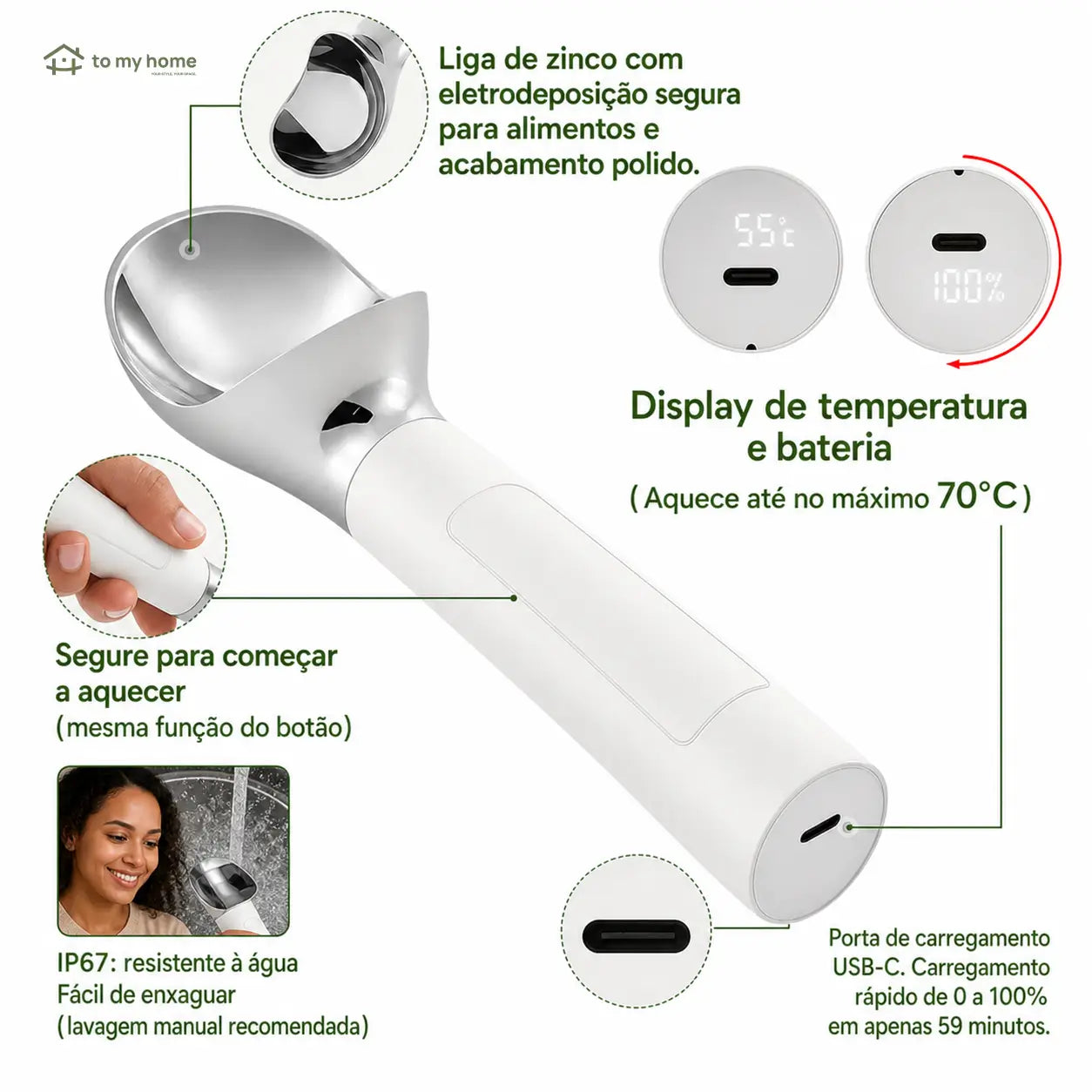 Colher de sorvete elétrica aquecida recarregável com display LED para servir massas congeladas com menos esforço em casa no dia a dia