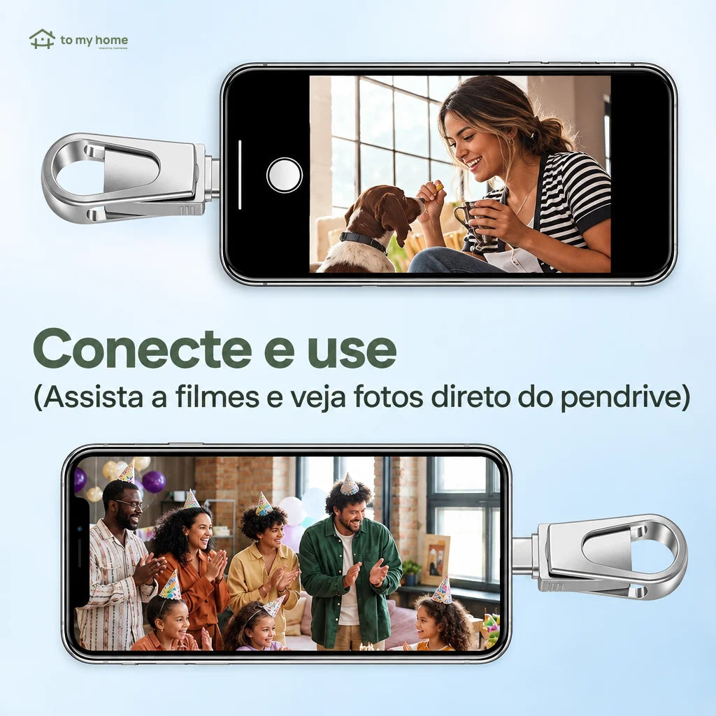 Pendrive 3 em 1 USB e Type-C com adaptador Lightning