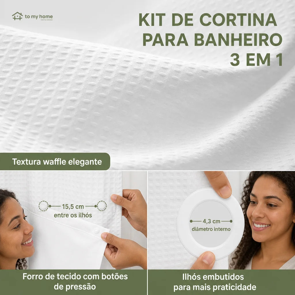 Cortina de banheiro sem ganchos com textura waffle, forro removível impermeável e janela telada para box moderno